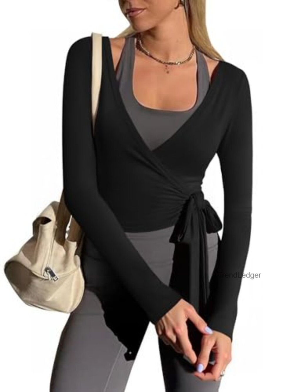 Yousify Womens Wrap Tie Top Y2k Long Sleeve Deep V Neck Athletic Workout Yoga